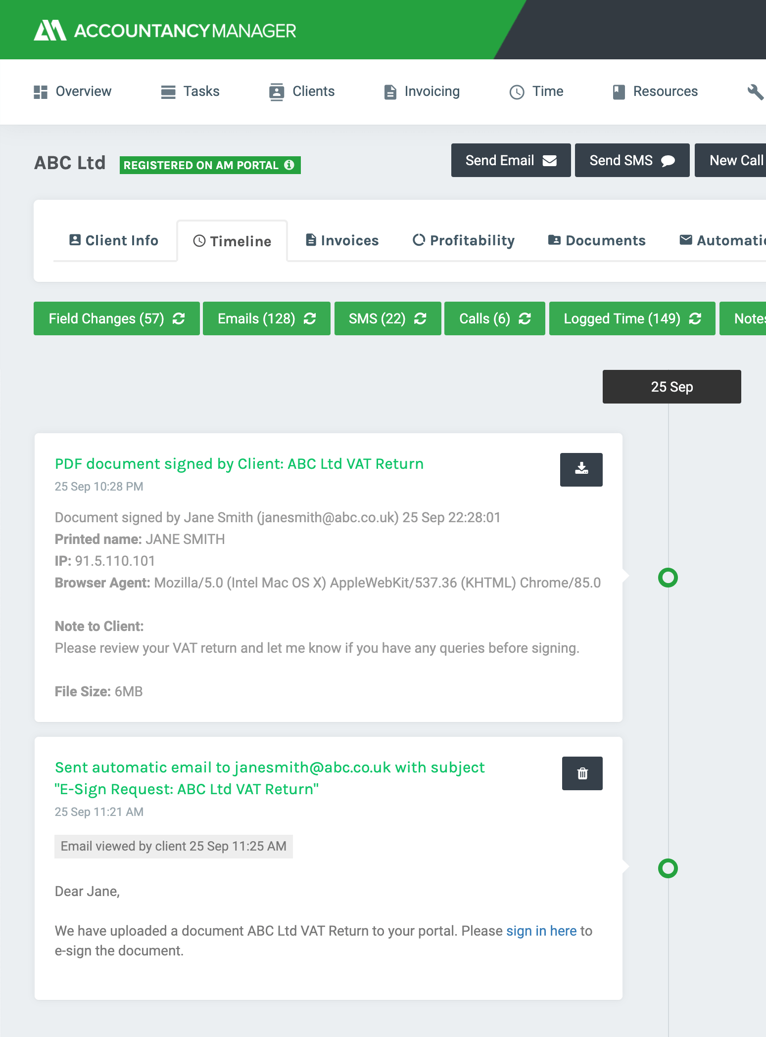 Full history and audit trail for each client